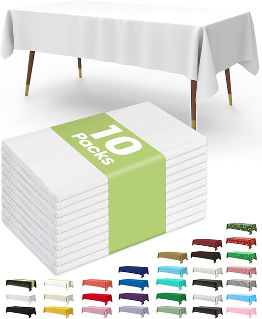 Pureegg Plastic Table Cloth Disposable 10 Pack, 54 x 108 Inch Table Cloths for Parties, Decorative Tablecloths for Rectangle Tables, White Plastic Table Cover, Leakproof & Sturdy, White