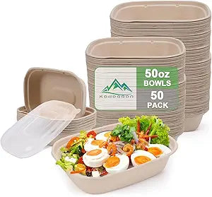 50 Pack 50 OZ Large Paper Bowls with Lids, Heavy Duty Disposable Compostable Bowls for Party, Disposable Bowls Bulk Soak-Proof and Microwave Safe for Hot/Cold Use (50OZ-50PACK)