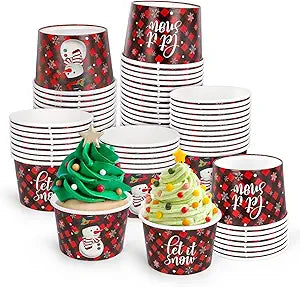 Whaline 50Pcs Christmas Treat Snack Cups Black Red Plaid Disposable Ice Cream Paper Bowls 9Oz Xmas Snowman Snowflake Paper Cups for Hot Cold Food Cake Dessert Fruits Party Supplies