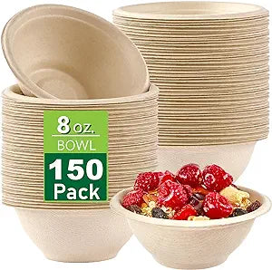 Ocmoiy Bulk 150Pk. 8 OZ Paper Bowls Disposable Heavy Duty Small Compostable Food Bowls, Eco-friendly Sugarcane Bowls for Party Serving Treats, Microwave Safe for Hot or Cold Use