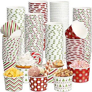 Sliner Christmas Disposable Dessert Bowls 9 oz Xmas Paper Bowls Christmas Treat Snack Cups Holiday Snowflake Striped Ice Cream Bowls for Party Supplies Soup Cupcakes Candy, 6 Styles(120 Pcs)